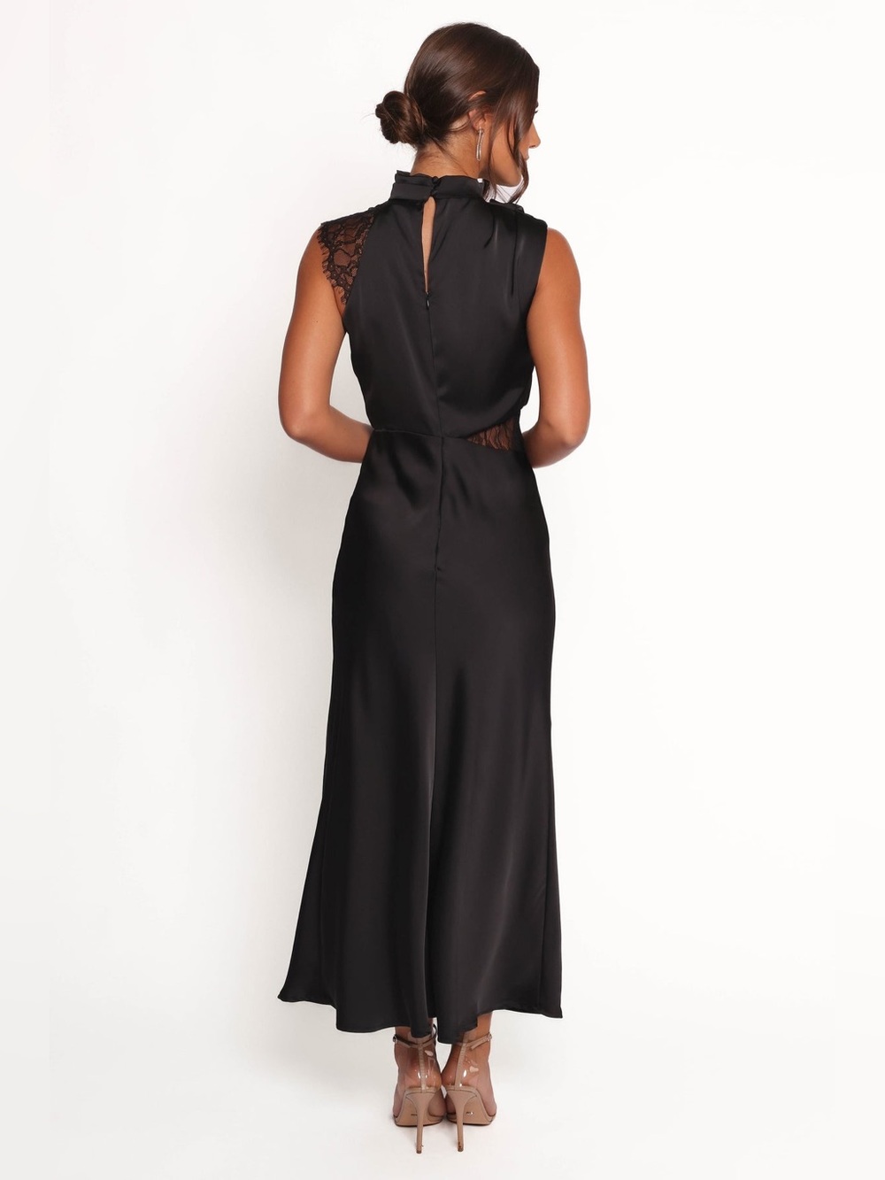 NEW Petal & Pup Anabelle Black Satin Lace Halter Maxi Dress Formal Black Tie - Picture 7 of 11